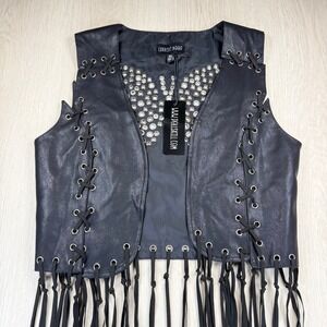 Current Mood Black Faux Leather Grommet Fringe Vest Festival WesternMedium